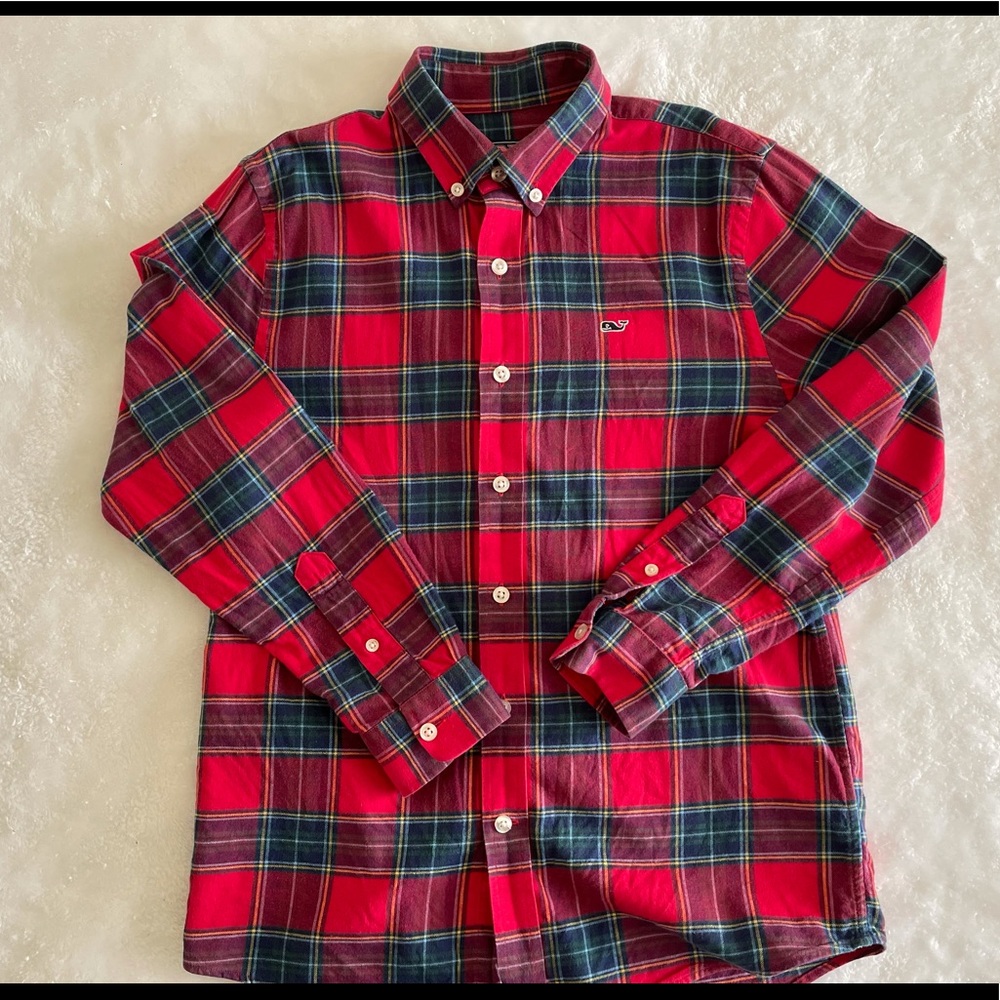 Vineyard Vines LS Plaid Whale Shirt - Boys M